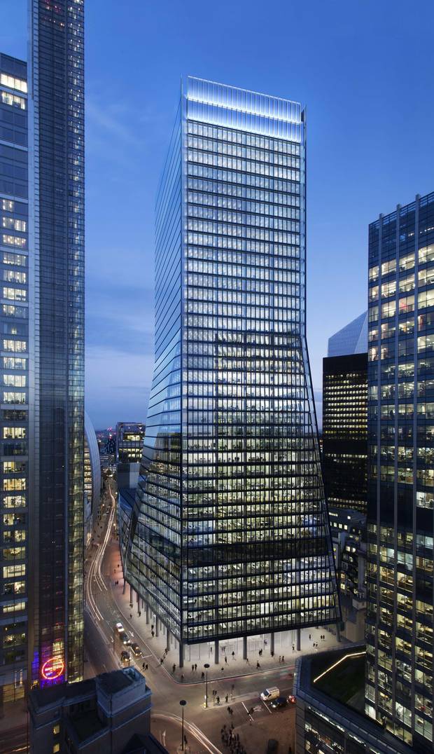 The 100 Bishopsgate development, shown in this artist’s depiction, isn’t the highest building in London’s financial district but, at 900,000 square feet, it is to be the biggest.