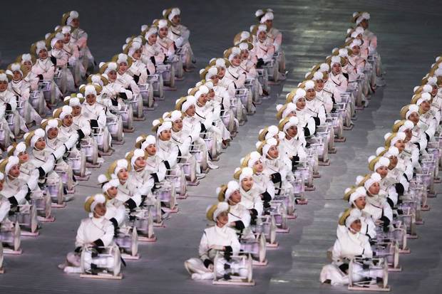 Feb. 9, 2018: Rows of white-clad dancers perform during the opening ceremonies of the Pyeongchang 2018 Winter Olympic Games.