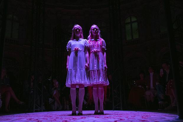 At Jun Takahashi’s Undercover show in September, pairs of models wore baby blue dresses with Peter Pan collars – some draped with crocheted red teardrops, like blood – a reference to the creepy twins from Stephen King’s The Shining.