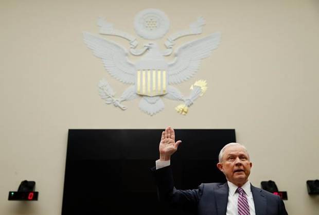 Attorney General Jeff Sessions is sworn in before the House Judiciary Committee on Capitol Hill, Tuesday, Nov. 14, 2017 in Washington. Sessions is expected to answer a range of questions from Russian meddling in the presidential campaign and his interest in a special counsel to investigate the Clinton Foundation.
