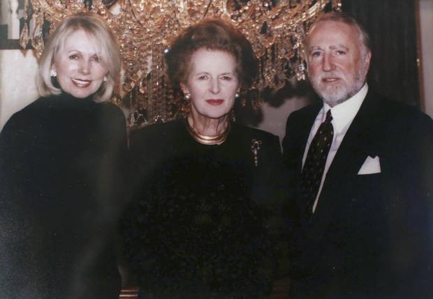 Peter Pocklington and his wife Eva are pictured with former British Prime Minister Margaret Tatcher in this undated photo on display at his Palm Springs, California home in June 2017.