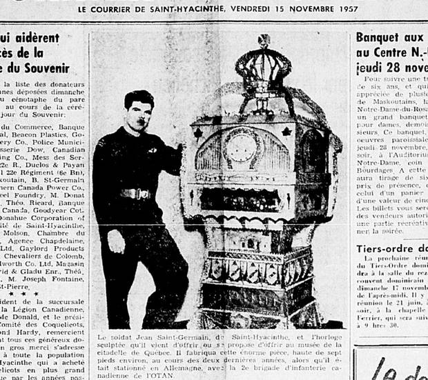 In 1957, Jean St-Germain, then a 20-year-old paratrooper posted in West Germany, was featured in his hometown paper after he designed a giant clock that played his regiment’s marching song.