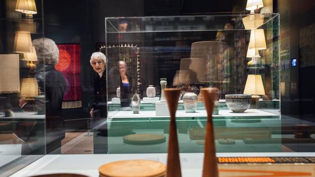 Esme Gotz and Lorraine Levinson admire Canadian studio pottery at the True Nordic exhibition at the Gardiner Museum in Toronto on October 24, 2016.