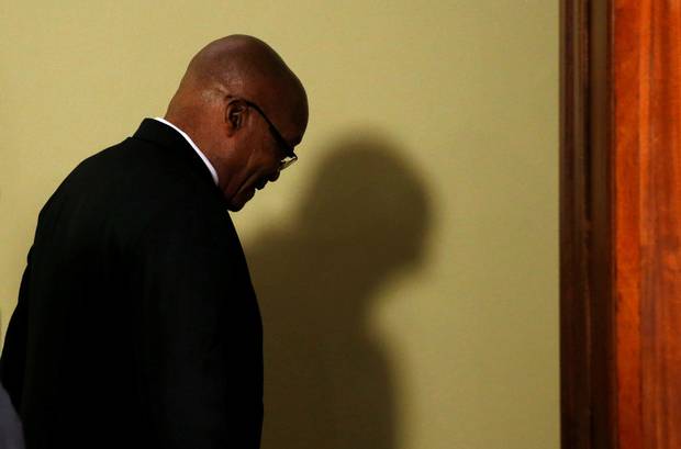 h Africa’s President Jacob Zuma leaves the room after announcing his resignation in Pretoria on Wednesday. The African National Congress pushed Mr. Zuma out of office after nearly a decade as president.