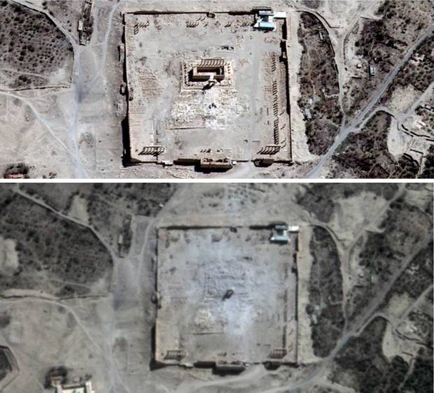 Syria’s Temple of Bel is shown before and after its demolition, in images captured by the lenses of a Canadian satellite company, UrtheCast. At the beginning of September, the satellite images of the Temple of Bel and the Baal Shamin Temple in Palmyra were posted on the website of the United Nations Institute for Training and Research and confirmed by its satellite observation arm, the Operational Satellite Applications Program (UNOSAT). Vancouver-based UrtheCast has four cameras in space, two of which have been installed on the Russian portion of the International Space Station since the beginning of last year. The images captured of the Syrian temples were taken by the company’s own satellite, which was purchased as a pair this summer from Spanish company DOT-Deimos for $100-million. -Ahmad Hathout