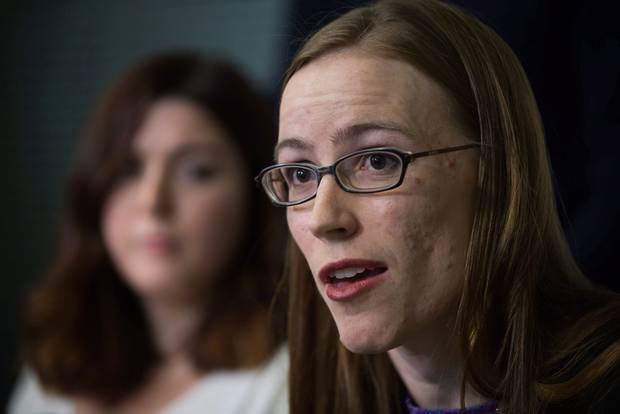 Former University of British Columbia students Glynnis Kirchmeier, in the foreground, and Caitlin Cunningham are two of several graduate students who criticized the university's response to alleged sexual assaults by a former student.