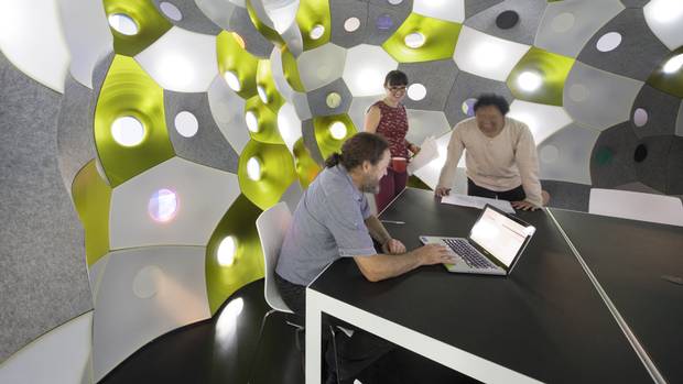 The FabPod at the Royal Melbourne Institute of Technology Design Hub turns a meeting room into a cavern formed by a cluster of bubbles. 