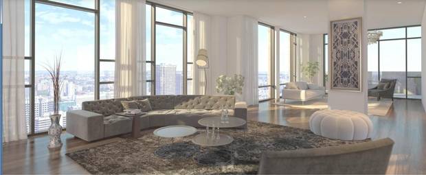 A rendering of the penthouse unit in the 35-storey luxury condo tower at 628 St. Jacques being built by Montreal developer Broccolini, which boasts full views of the river and the skyline.