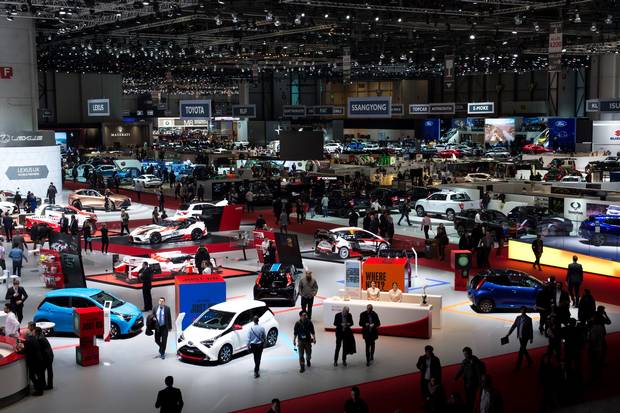 Cars sit on display at the 88th Geneva International Motor Show on March 7, 2018 in Geneva, Switzerland. 