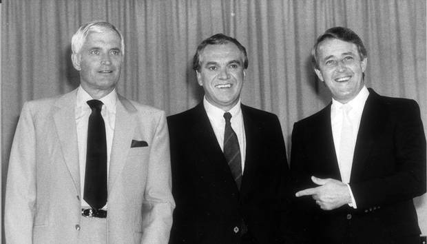 Party leaders John Turner of the Liberals, Ed Broadbent of the NDP and Brian Mulroney of the Progressive Conservatives pose for a portrait before an election debate on Aug. 15, 1984.