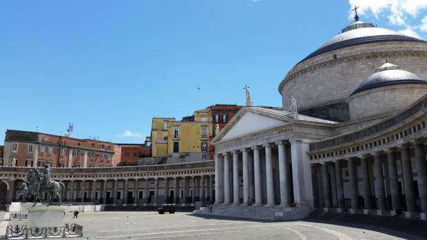 The Piazza del Plebiscito with the church of San Francesco di Paola, right. Piazza Plebiscito is a large public square in central Naples which is named for the plebiscite taken on Oct. 2 in 1860 that brought Naples into the unified Kingdom of Italy under the House of Savoy.