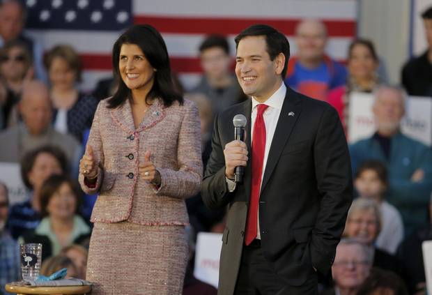 South Carolina Governor Nikki Haley and former Republican presidential candidate Marco Rubio at a Rubio campaign event in Chapin, South Carolina, in February.