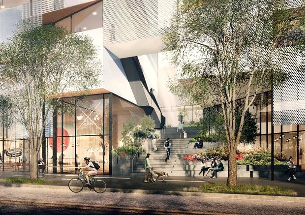 The proposed building features a large public courtyard on the first floor, accessed by 15-metre wide Spanish stairs.