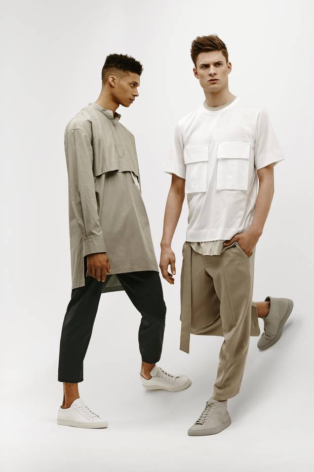 Avant-garde shapes reign this season, but have been significantly brought down to earth in a cool, neutral palette. Ante Meridiem (far left), a Canadian design collective, employs generous proportions to create comfortable separates. Interesting details elevate basic pieces – see Juun.J’s eye-popping pockets that take a conventional white T-shirt into fashion forward territory (left). From left: Ante Meridiem tunic $445, trousers $515 through www.antemeridiumstudio.com. Common Projects shoes, $560, at Gravity Pope (www.gravitypope.com). Juun.J T-shirt, $510 at Holt Renfrew (www.holtrenfew.com). Tank top (layered under T-shirt), $200, trousers, $550 through www.antemeridiemstudio.com. Common Projects shoes, $585, at Gravity Pope.