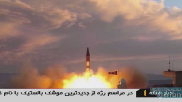 A TV grab taken on September 23, 2017 from the Iranian Republic Islamic Broadcasting (IRIB) shows a missile being launched from an undisclosed location