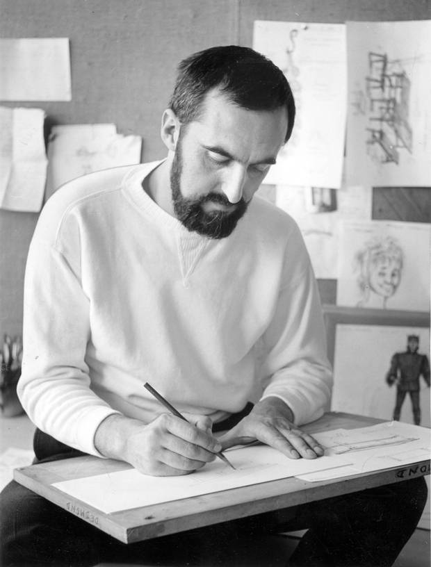 Desmond Heeley, designer of costumes for The Stratford Festival, working on sketches, April, 1965.