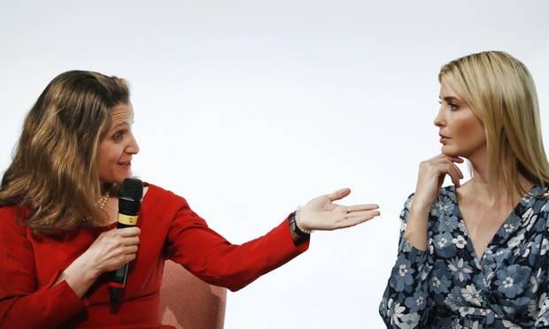 First Daughter and Advisor to the US President Ivanka Trump listens to Canada's Minister of Foreign Affairs Chrystia Freeland during a panel discussion at the W20 women's empowerment summit sponsored by the Group of 20 major economic powers on April 25, 2017 in Berlin.