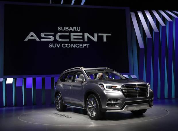 The Subaru Ascent SUV concept vehicle is displayed at the 2017 New York International Auto Show.