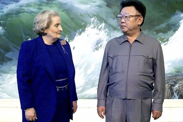 North Korean leader Kim Jong-il, right, and U.S. Secretary of State Madeleine Albright look toward each other as they meet in Pyongyang on Oct. 23, 2000.