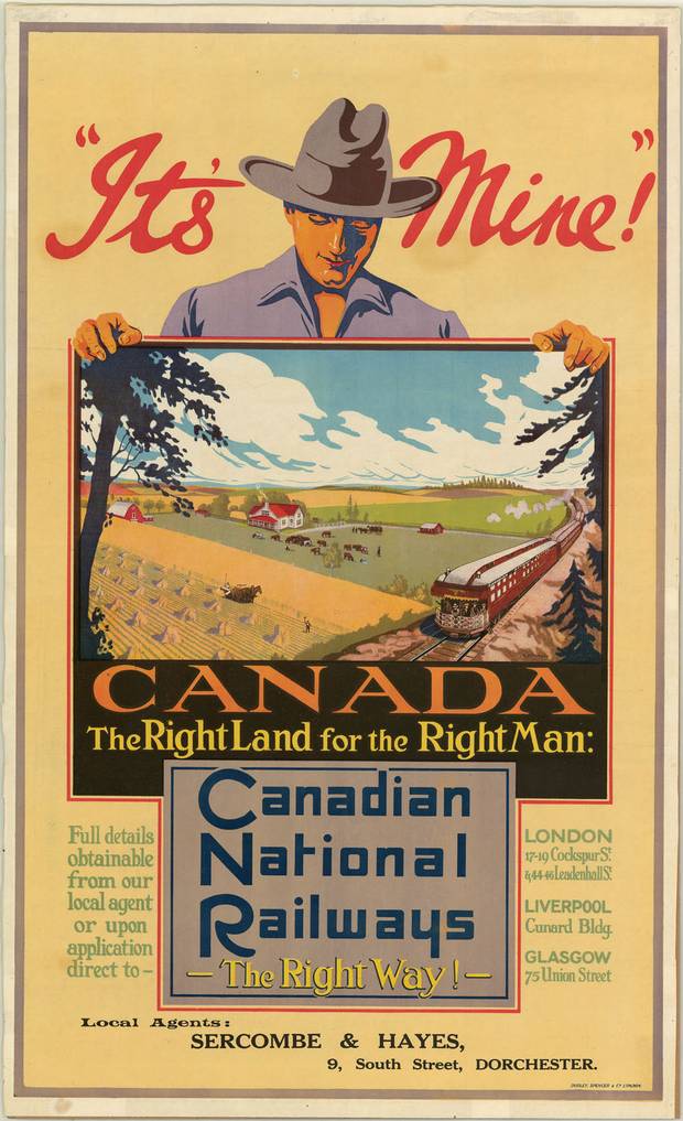 ‘It’s mine!’ declares a Canadian National Railways advertisement (circa 1920-1935) encouraging the western settler life.
