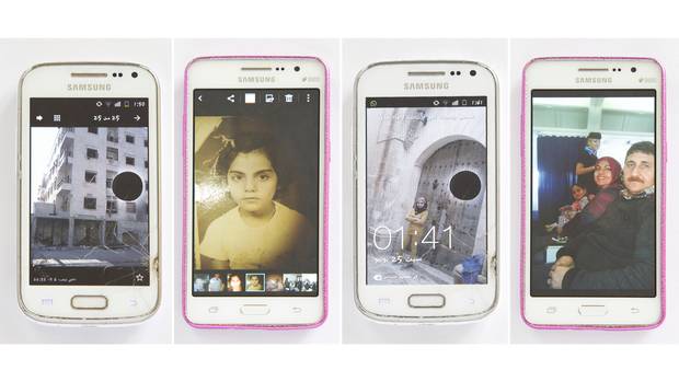 Images on the cracked phone the family brought to Canada, from left: A capture of the second-floor apartment the Suleymans left in Aleppo sent hours after it was struck by a bomb on June 6, the first day of Ramadan; Aliye at the age of 6, on her first day of school; daughter Esra, 13, in a doorway after visiting her aunt Iman, shortly before leaving Turkey for Canada; son Suleyman, 6, with a flight attendant and his parents over the Atlantic during the long flight from Ankara on April 29.