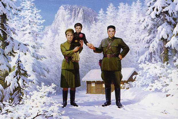 A propaganda image shows North Korean leader Kim Il-sung, right; his wife, Kim Jung-sook; and their son, Kim Jong-il.