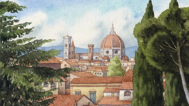 Florentine illustrator, Giovanni Manna’s depiction of the Florence skyline as seen from the Giardino delle Rose.