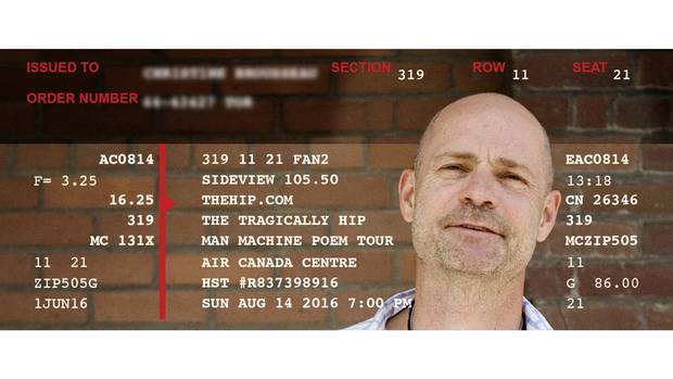 One lucky fan secured a pair of tickets for an August show in Toronto. We've obscured the name and order number of the ticket for privacy and dressed it up with an image of Hip frontman Gord Downie.