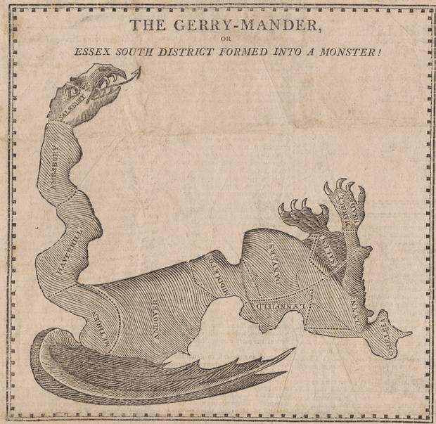 Gerrymandering gets its name from the ‘Gerry-mander,’ this 1812 cartoon by Elkanah Tisdale. Boston newspapers used it to mock Massachussetts governor Elbridge Gerry, who authorized a uniquely sinuous state-senate district that benefited his own party and which critics said looked like a salamander.