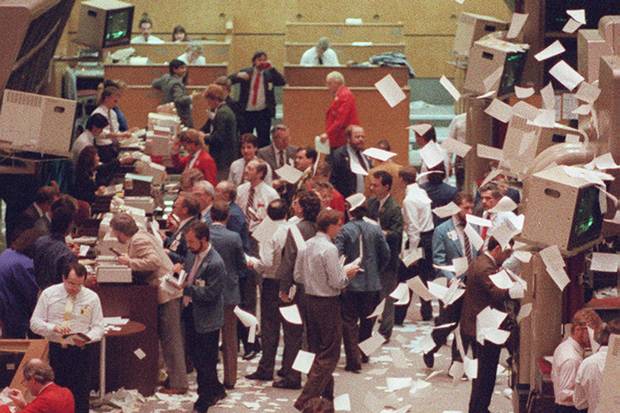 Paper flies through the air as trading closes at the Toronto Stock Exchange on Oct. 19, 1987, better known as Black Monday.