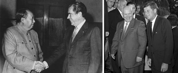 Left: Chinese communist party leader Mao Zedong, and U.S. president Richard Nixon shake hands as they meet in Beijing on Feb. 21, 1972. Right: Soviet premier Nikita Khrushchev walks with U.S. president John F. Kennedy at the residence of the U.S. ambassador in Vienna on June 3, 1961.