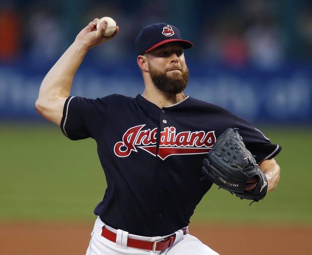 In this Sept. 21, 2016, file photo, Cleveland Indians starting pitcher Corey Kluber delivers against the Kansas City Royals during the first inning of a baseball game in Cleveland.