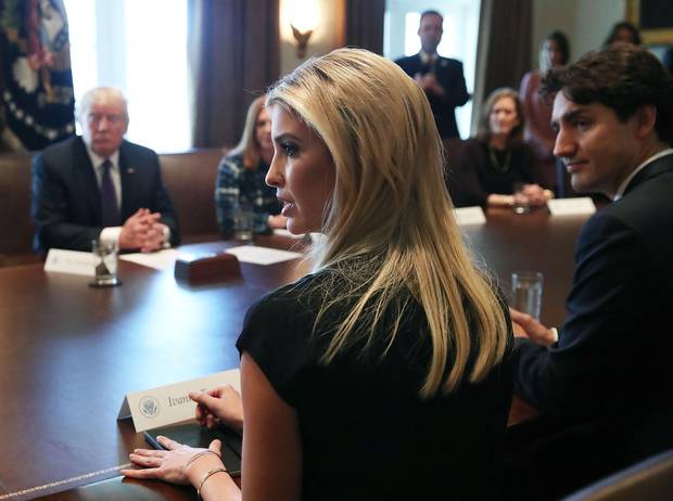Mr. Trump sits opposite Mr. Trudeau and his daughter, Ivanka, at Monday’s round-table discussion.