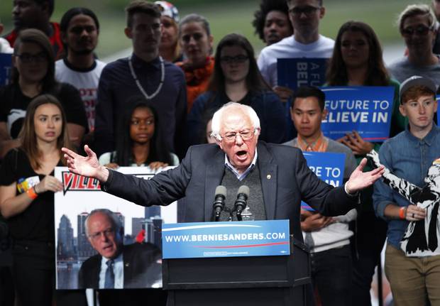 Democratic presidential candidate Bernie Sanders addresses the crowd during a campaign rally in Louisville, Kentucky. Sanders is preparing for Kentucky's May 17th primary.
