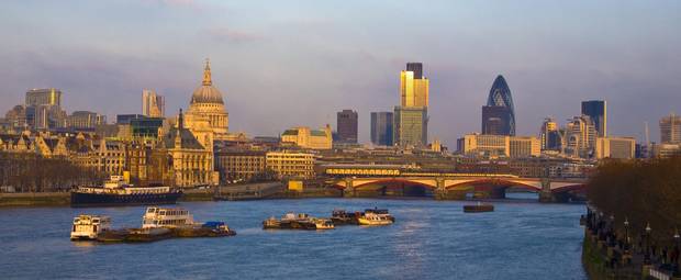An early evening view of London's South Bank, London Bridge and city skyline, from Waterloo Bridge.