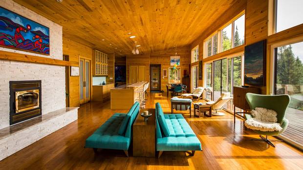 Pine boards line the walls and ceilings inside the home.