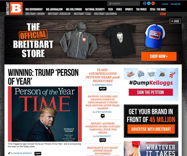 The Breitbart website landing page shows the boycott against Kellog's after the cereal company pulled their advertisements.