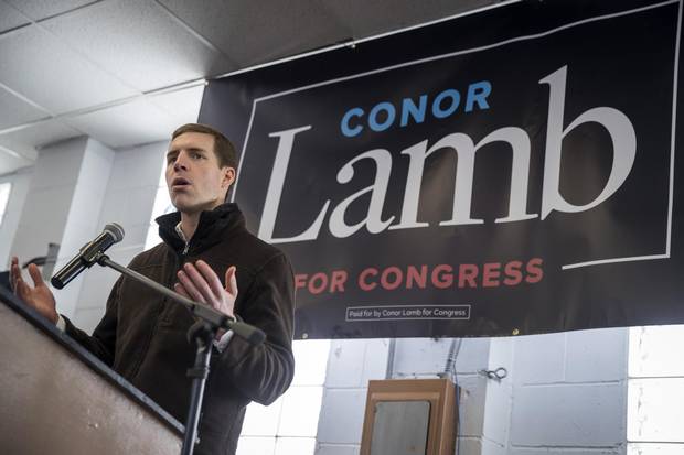 Conor Lamb, Democratic Congressional candidate for Pennsylvania's 18th district, speaks at a campaign rally with United Mine Workers of America (UMWA) on Sunday.