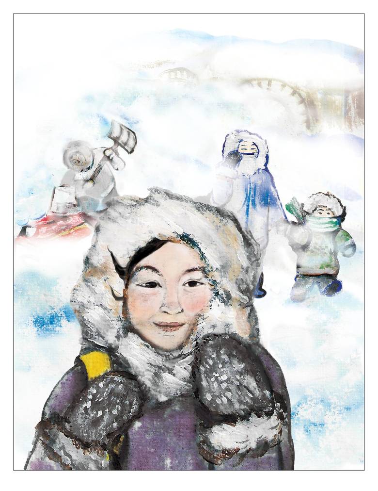 This excerpt is taken from Only in My Hometown, a forthcoming debut picture book written by Angnakuluk Friesen, who grew up and lives in Rankin Inlet, Nunavut, and illustrated by Ippiksaut Friesen, an Inuk also from Rankin Inlet. She studied at the Emily Carr University of Art and Design, where she majored in animation. Her art focuses on Inuit communities. She currently lives in Iqaluit.