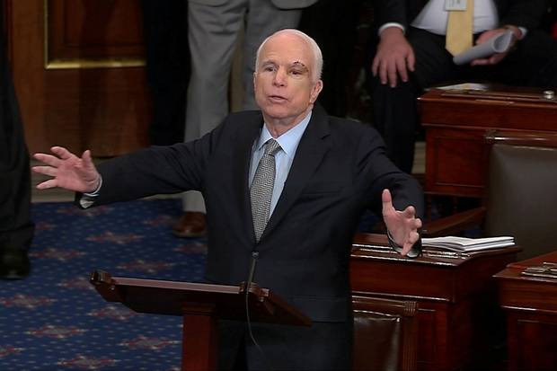 U.S. Senator John McCain speaks on the floor of the U.S. Senate after returning to Washington for a vote on health-care reform on July 25, 2017.