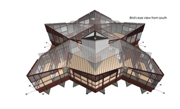 The house, seen in this 3-D rendering, is made up of rhombus-shaped rooms built around a central, cinderblock core.