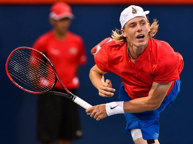 Shapovalov serves against Adrian Mannarino of France during the Rogers Cup on Aug. 11, 2017 in Montreal.