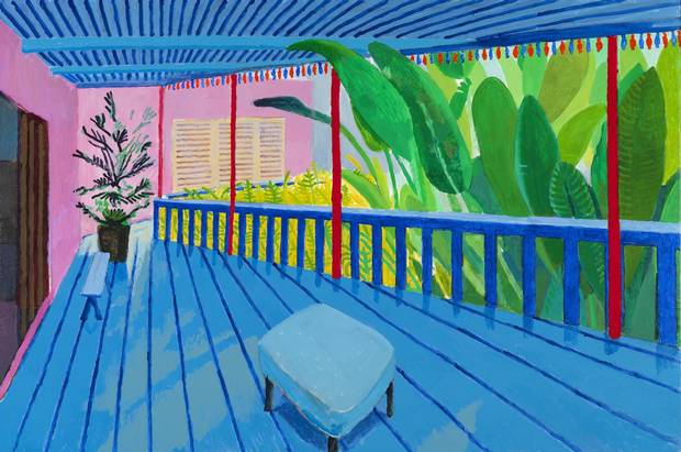 Garden with Blue Terrace, 2015. Hockney’s refusal to stop looking for a fresh angle is admirable.