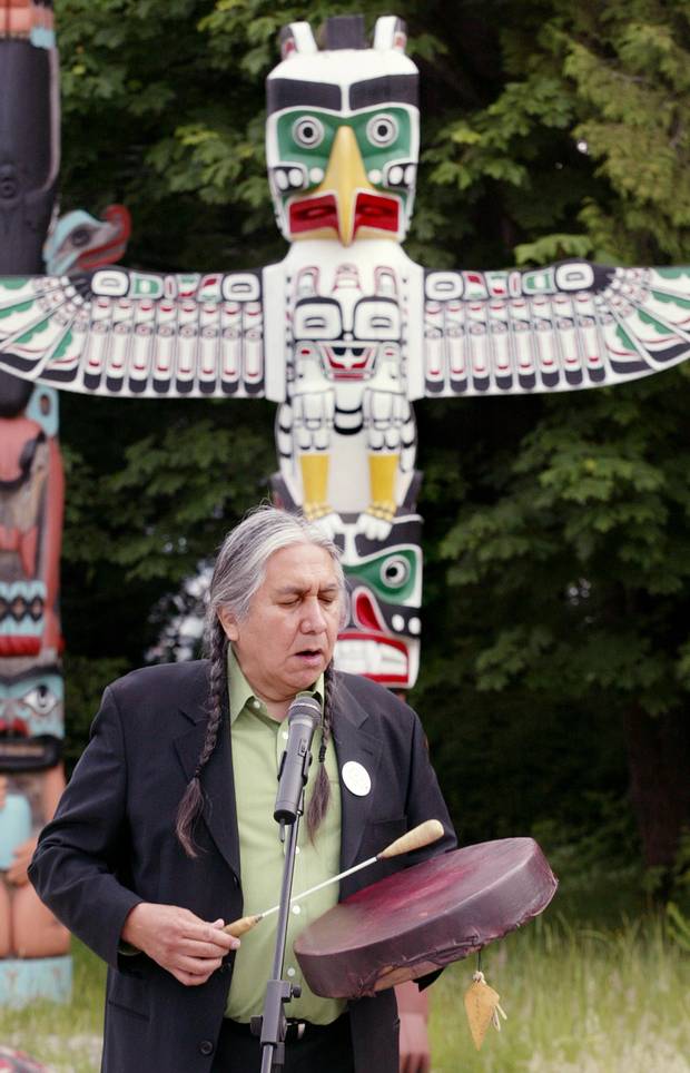 Chief Leonard George sings a welcoming song in Stanley Park in Vancouver in June, 2003, prior to announcing he would be the British Columbia chair of John Manley's federal Liberal leadership bid.