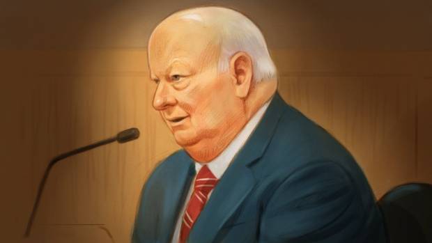 In this artist's sketch, Mike Duffy, a former member of the Conservative caucus, testifies at his trial in Ottawa on Dec. 8.
