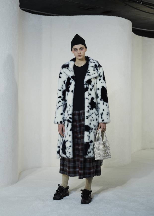 A faux fur coat by London-based Shrimps is one of the season’s standout takes on texture.