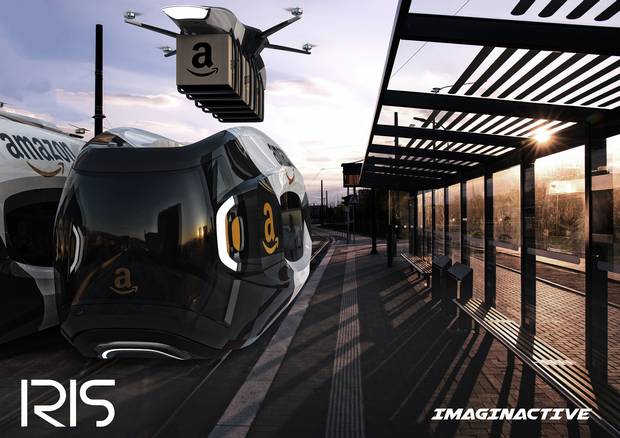 Robotic conveyors would move packages from the cargo hold up to the train roofs for delivery drone pick-up.