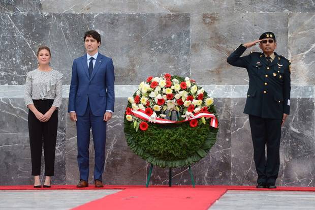 The Trudeaus attend a wreath-laying ceremony at the Ninos Heroes monument in Mexico City's Chapultepec Park.