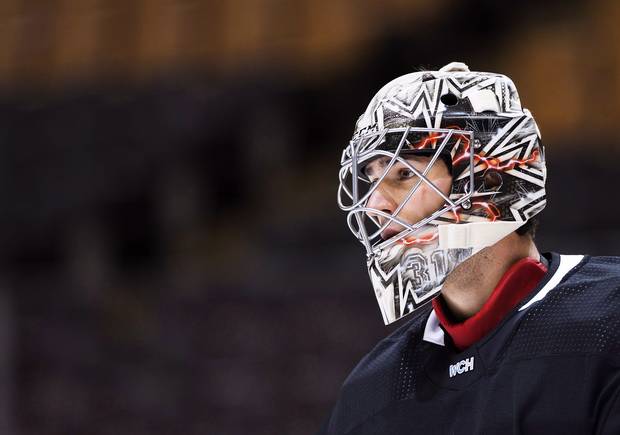 Team Canada goalie Carey Price (31) looks up ice at practice ahead of the World Cup of Hockey finals in Toronto on Monday, September 26, 2016. Team Canada might have been staring at unlikely hole in the World Cup of Hockey final were it not for Price and Sidney Crosby