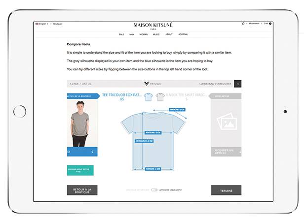 The Virtusize interface is used by online retailers such as Maison Kitsuné to allow customers to compare clothing they own with pieces they’re purchasing.